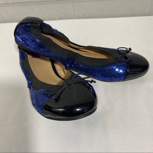 BP Blue Sequin Ballet Flats w/ Black Patent Leather Accents